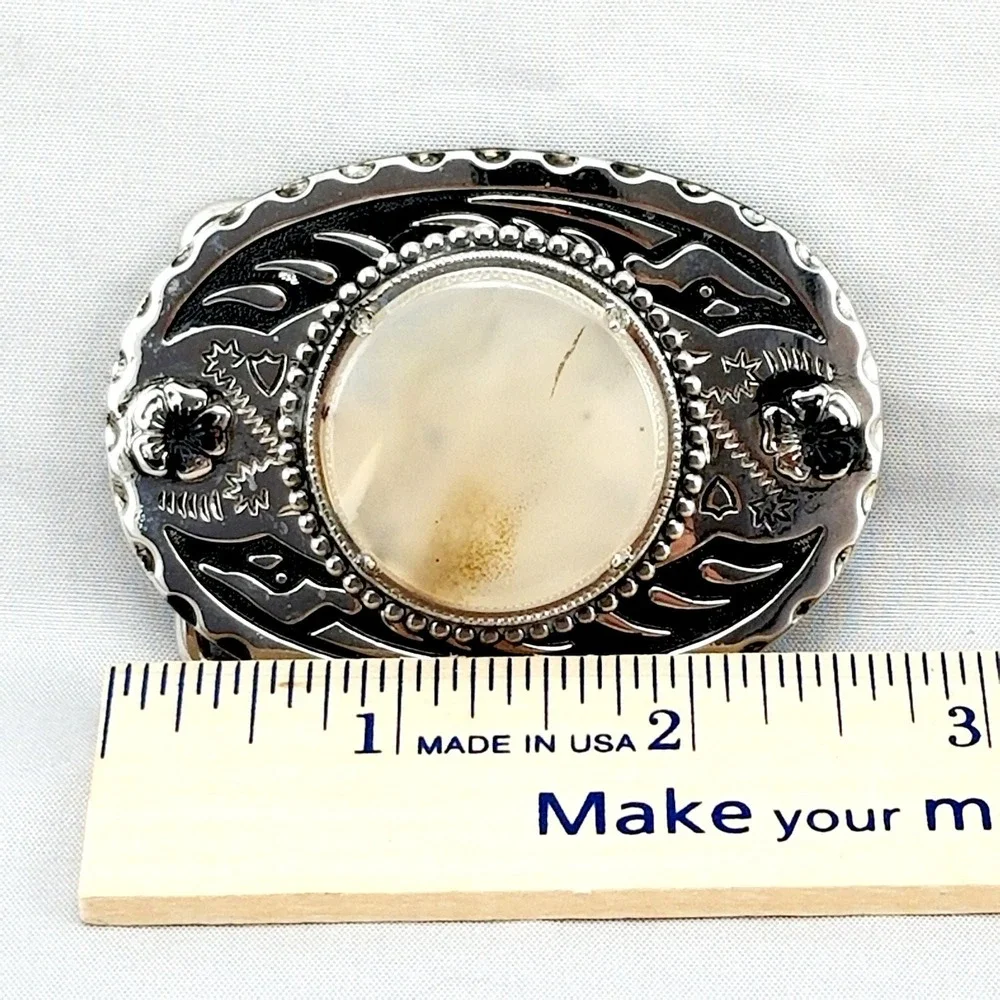 Western Belt Buckle Oval Scything Agate Stone Silver Tone Cowboy USA‎ Made